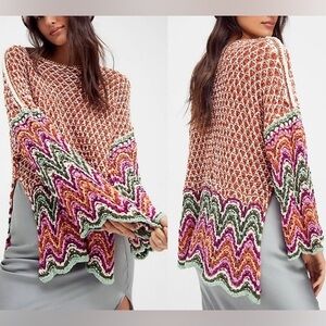 Free People Heatwave‎ Pullover Sweater XS multi color large knit cotton blend